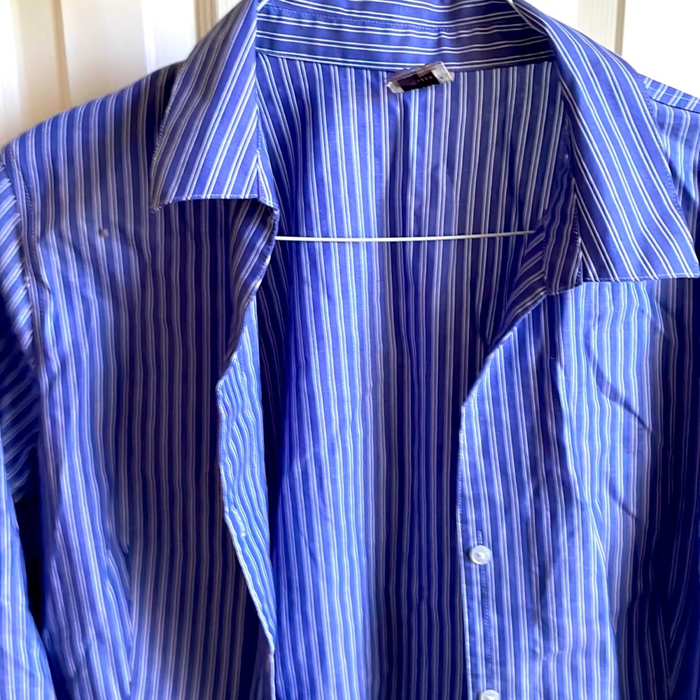 Anne Klein Blue Striped Non Iron Button Up Blouse (Size XL, Used)